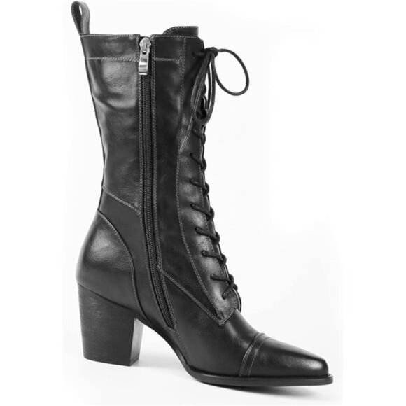 Women's Mid Calf Boots Lace up Combat Boots Leather Side Zipper Winter Boots - Picture 2 of 7